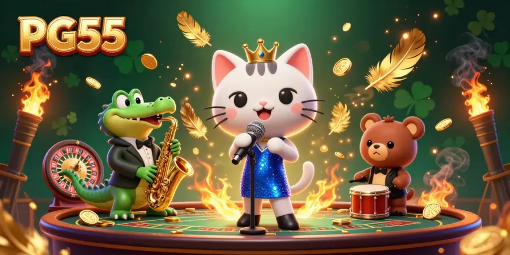 Experience the excitement of PG55 with vibrant casino elements featuring singing cats and musical crocodiles.
