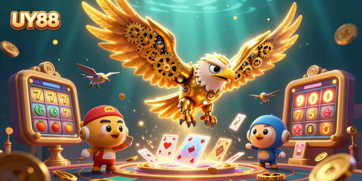 Experience thrilling gameplay with UY88 featuring a cybernetic golden eagle and dynamic casino elements.