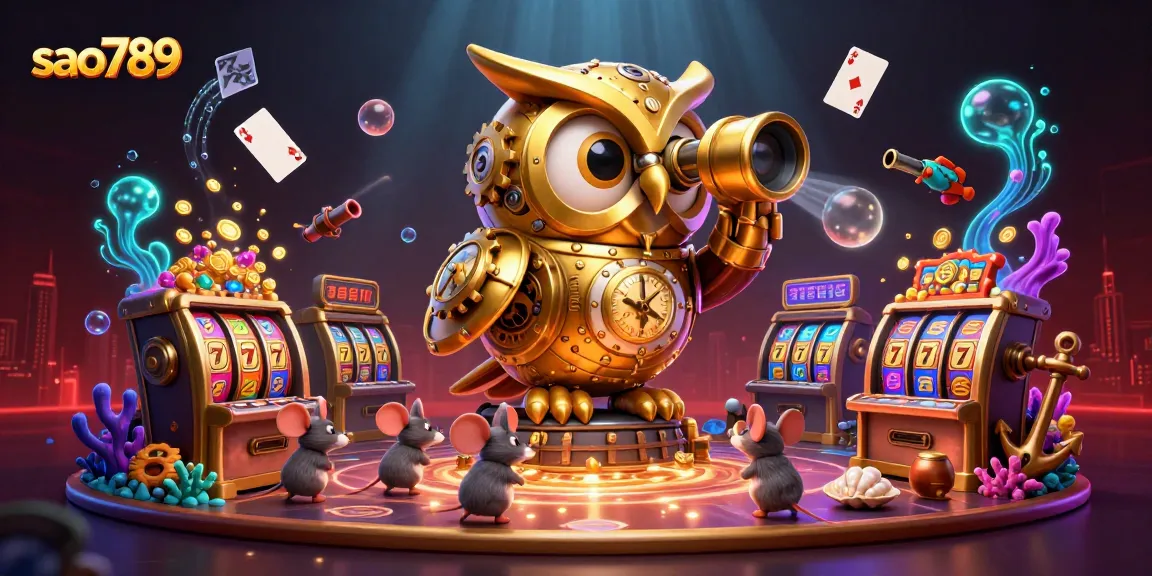 Savor the excitement at Sao789 with vibrant slot machines, a golden owl guardian, and playful mouse patrons enjoying a thrilling gaming experience.
