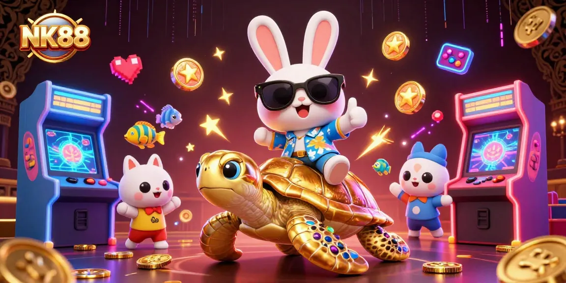 NK88 offers dynamic gaming experiences, featuring a lucky rabbit and golden turtle in casino adventure.