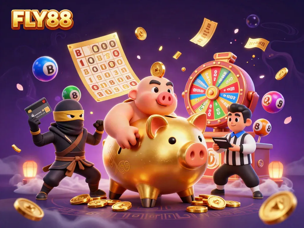 FLY88's vibrant gaming scene showcases thrilling casino elements with engaging characters.