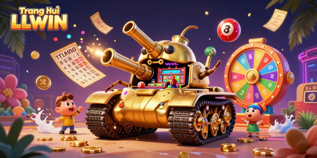 Engage in thrilling wins with the colorful and vibrant scene depicting Trang chủ LLWIN's dynamic lottery elements.