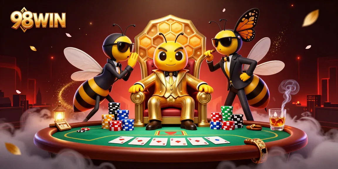 Experience lively poker action with 98WIN's vibrant casino scene featuring a buzzing bumblebee mob boss.