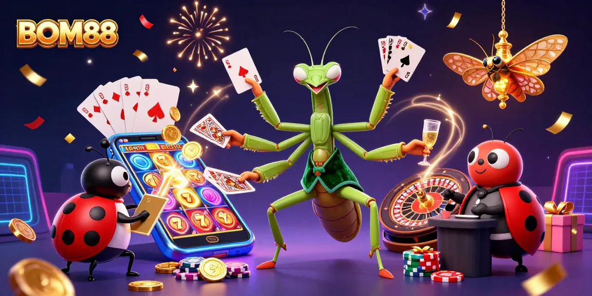 BOM88 features a vibrant casino scene with a praying mantis card sharp and ladybug pit boss amidst spinning slots and festive elements.
