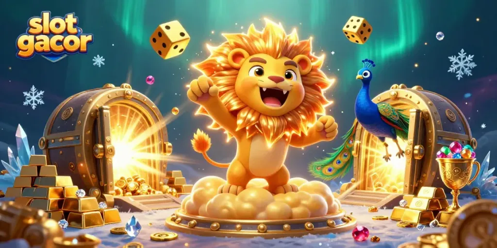 Experience thrilling wins with slot gacor as golden treasures surround a victorious lion and dazzling gems.