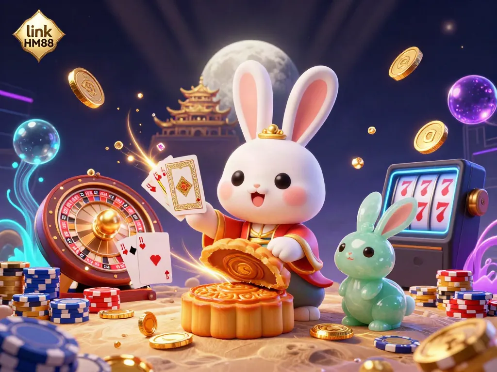 Engage with link HM88 by exploring the immersive casino experience featuring a moon rabbit, poker chips, and a vibrant atmosphere.