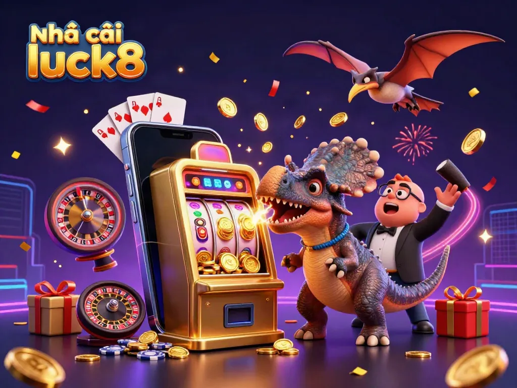 Experience the thrill of Nhà cái luck8 as a dinosaur interacts with a slot machine, coins flying around.