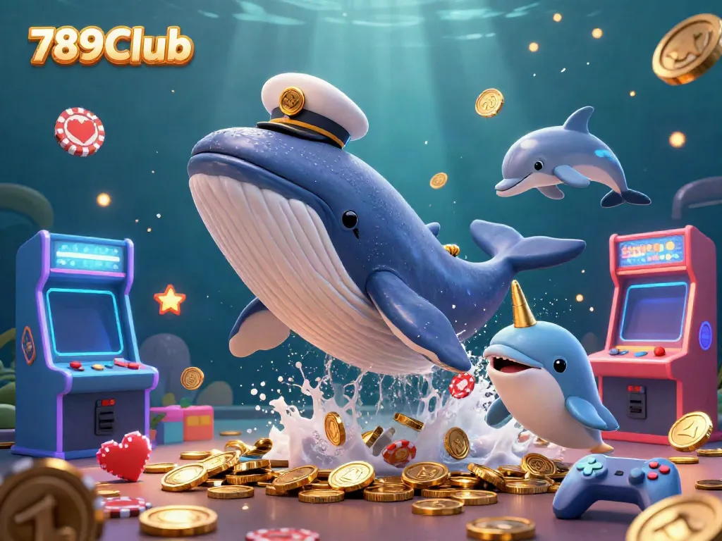 Experience thrilling gameplay with 789Club featuring a 3D whale and vibrant casino elements in action.