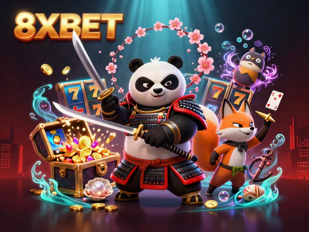 Engage with 8XBET's thrilling online gaming experience featuring samurai panda and ninja fox amid vibrant slot games.