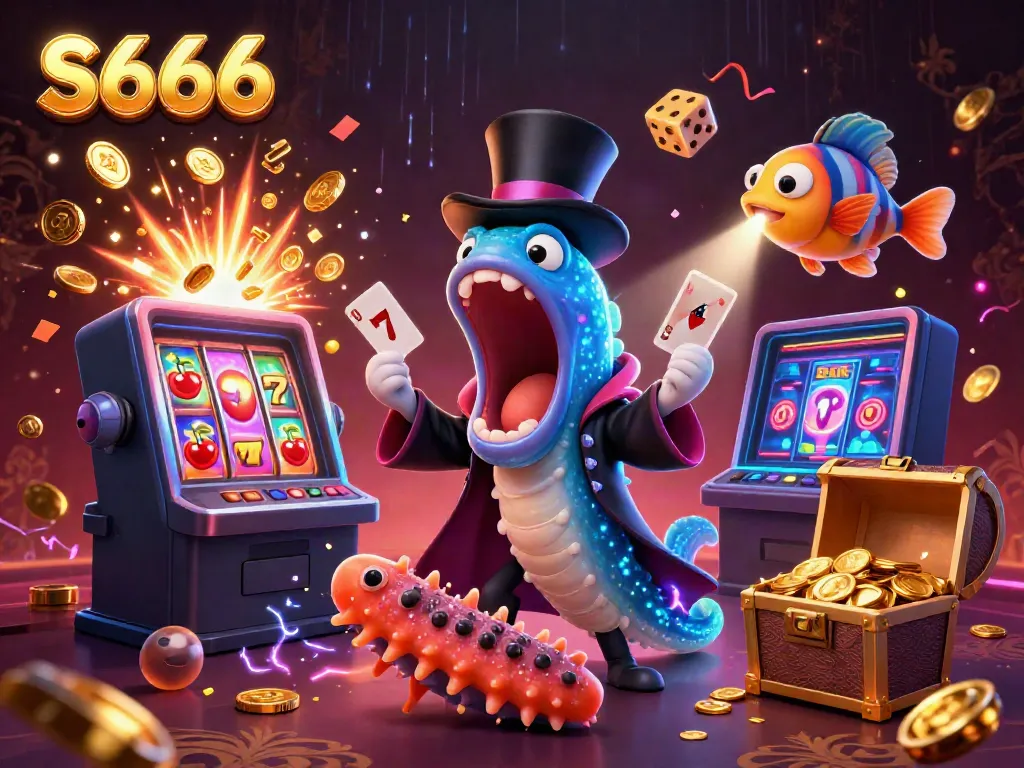 S666 provides an exciting online casino experience with dynamic illustrations of vibrant game elements and whimsical characters.