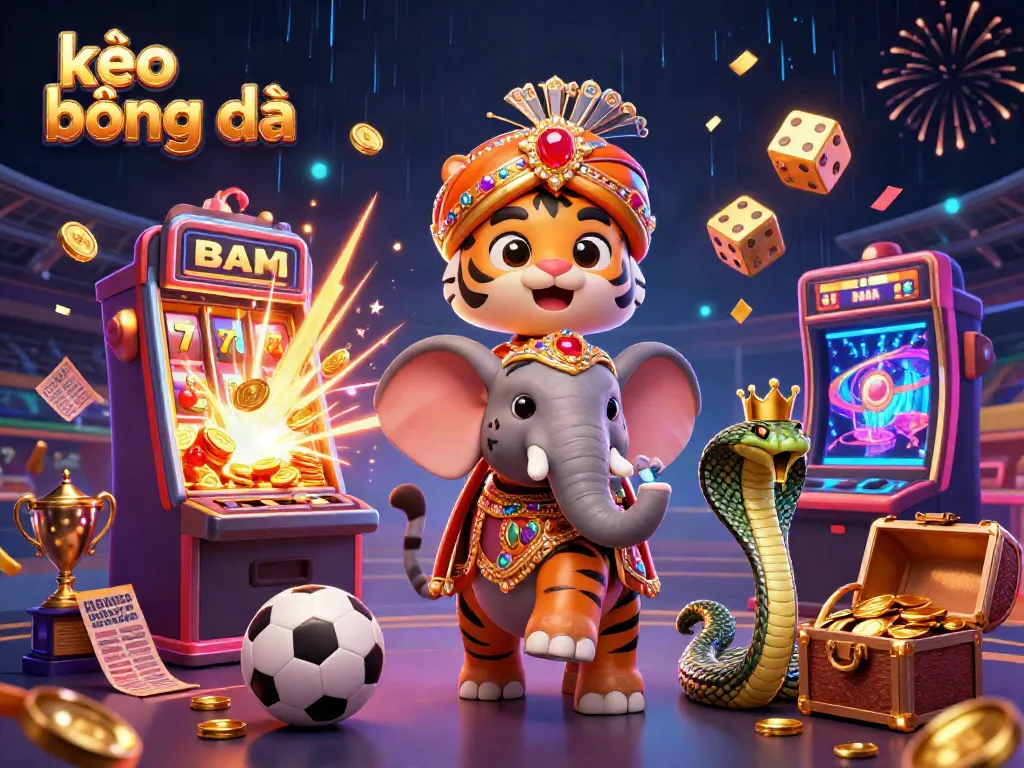 Experience the thrill of kèo bóng đá with a vibrant 3D scene featuring sports betting and casino elements.