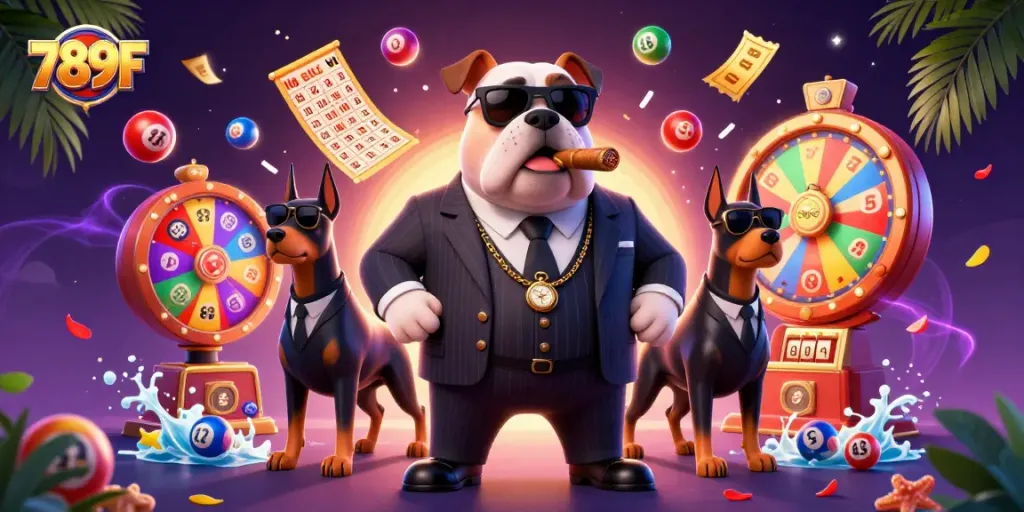 Engage with 789F's vibrant lottery scene featuring a bulldog mafia boss and dynamic game elements.