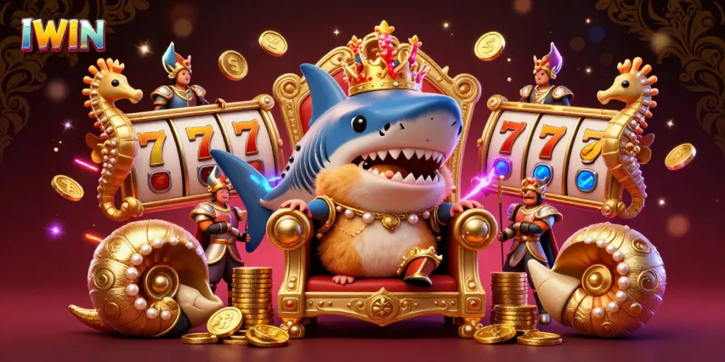 IWIN elevates online casino gaming with a golden hamster king on a megalodon throne amidst slot reels and 3D graphics.