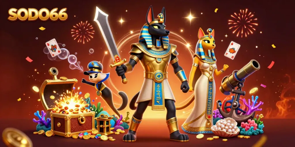 SODO66 captures the excitement of online gambling with Anubis and Bastet amid themed casino elements.