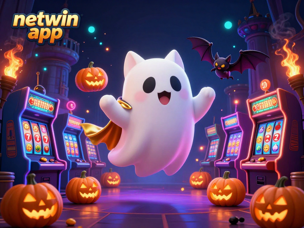 Experience the thrill with the netwin app in a vibrant casino setting featuring a floating ghost cat and casino elements.