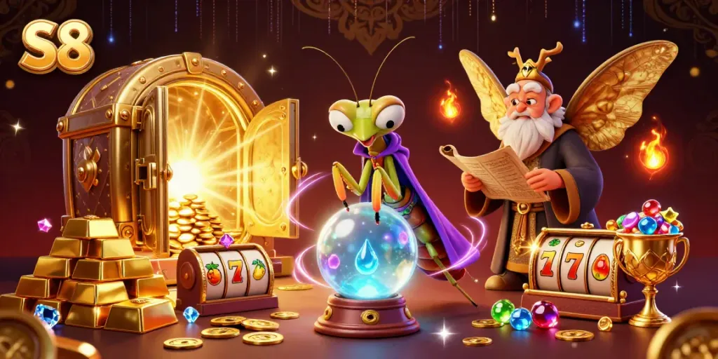 S8 fortune teller and librarian surrounded by gems, gold, and slot symbols in a vibrant casino illustration