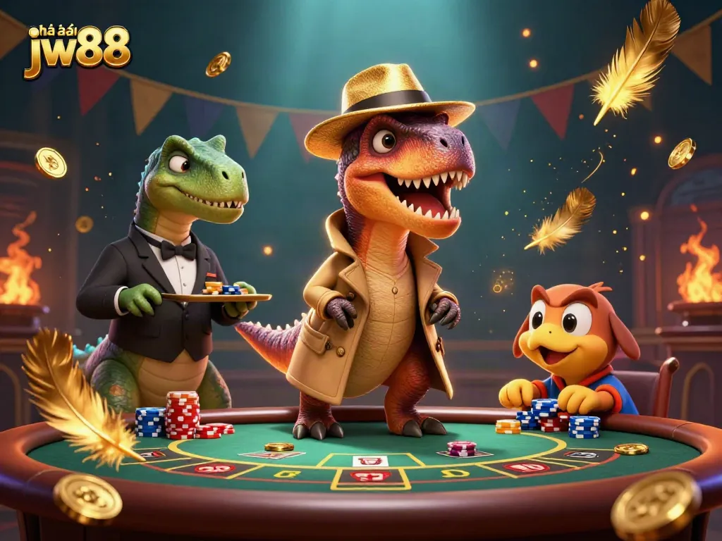 Engage with the lively scene of nhà cái jw88 featuring playful dinosaur characters at a blackjack table.