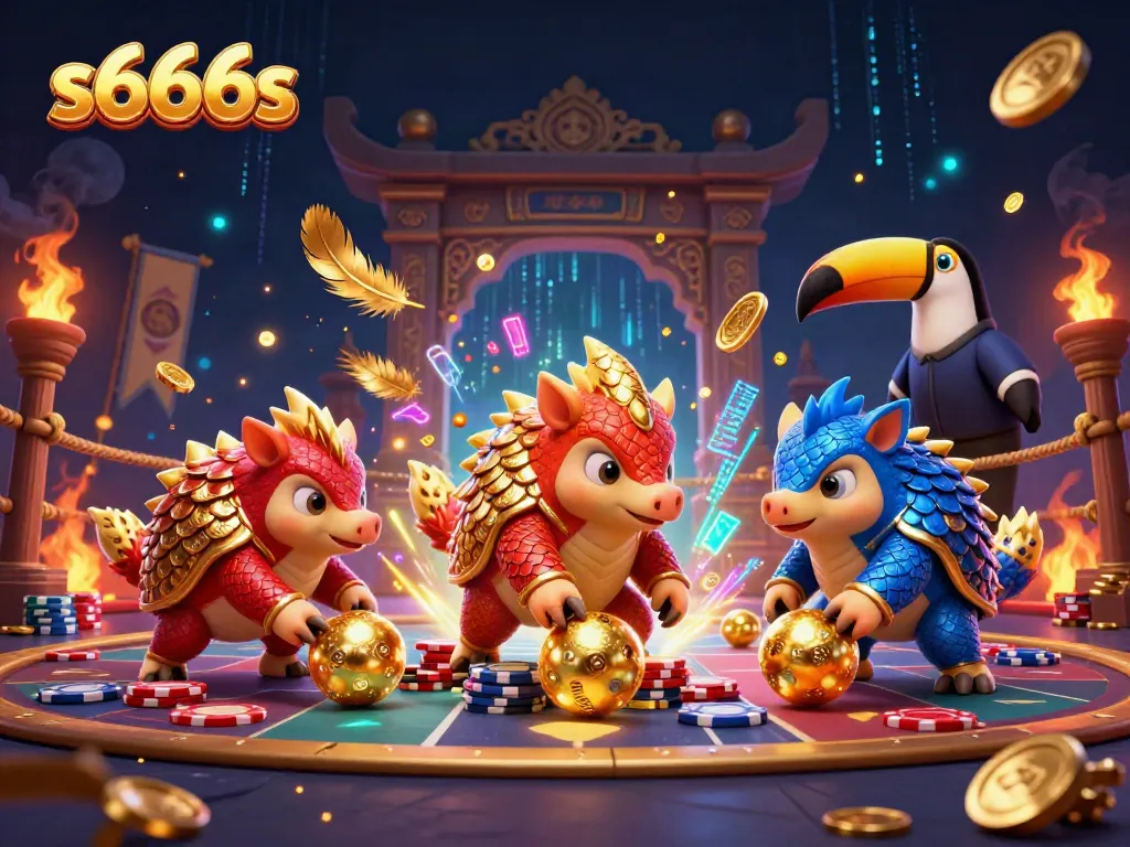 Experience the thrilling action of s666s with rival pangolins bowling through chips in a vibrant casino arena.