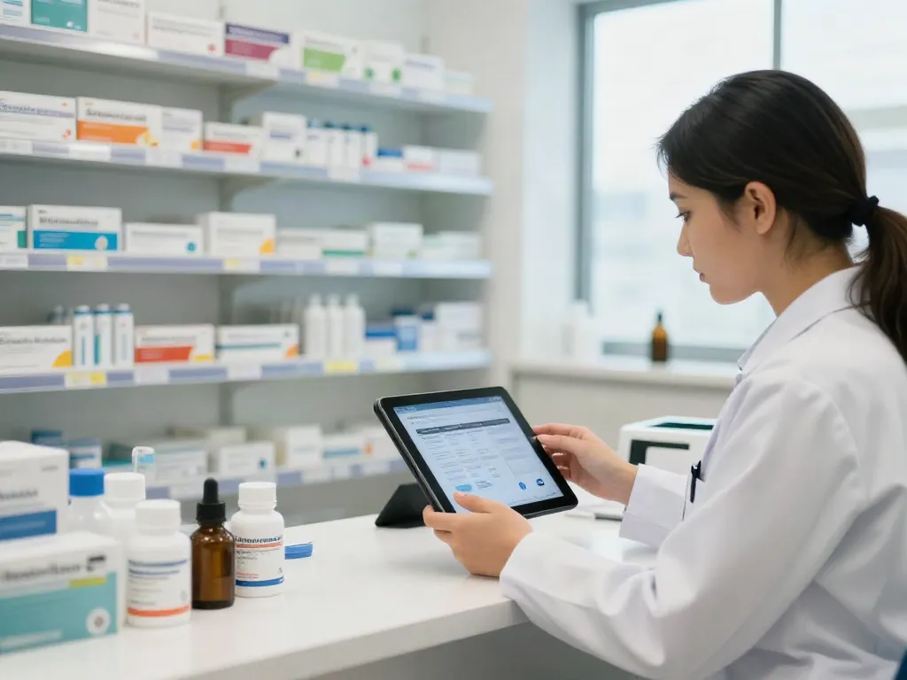 Pharmacist using tablet for fast lookup of registered medicines in UAE