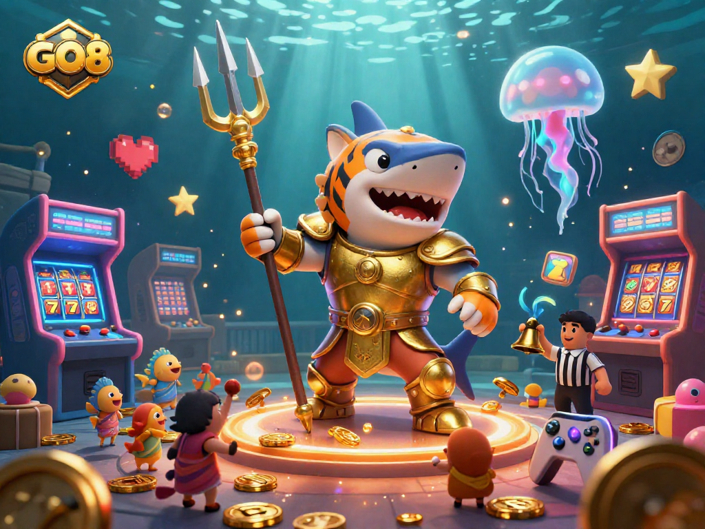 Engage in thrilling casino gaming with GO8's vibrant underwater scene featuring a shark and game elements.