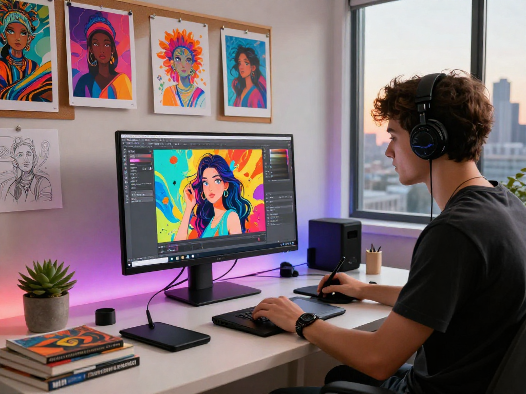 Artist creating nsfw ai illustrations in a vibrant digital art studio.