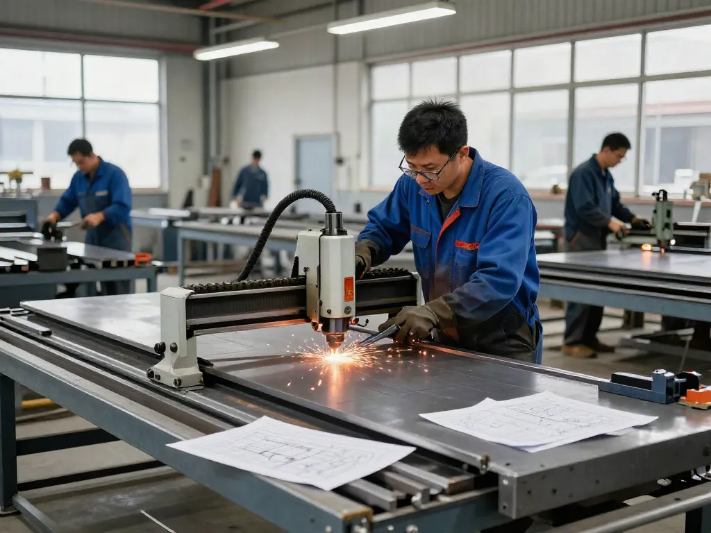 Metal fabricator cutting steel sheet with CNC plasma cutter in workshop