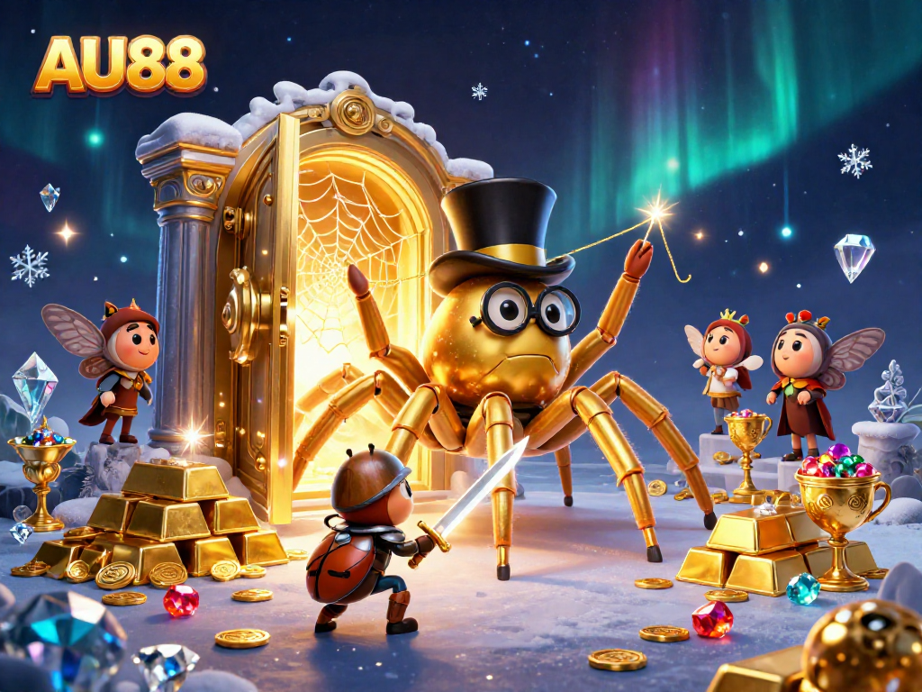 Engage with AU88's thrilling atmosphere featuring a golden tarantula and knight in a vibrant casino setting.