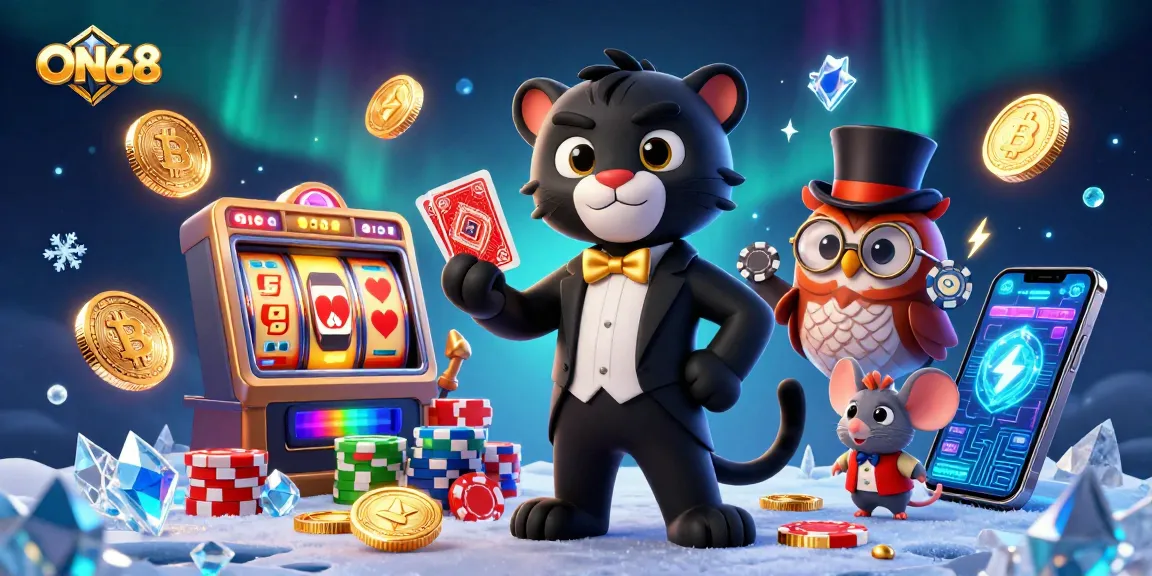 Engage in thrilling gameplay with ON68 at a vibrant casino scene featuring stylish characters and dynamic elements.