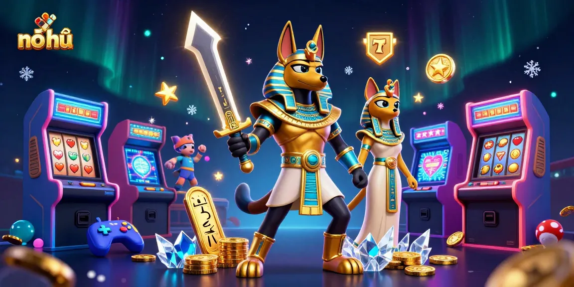 Experience nổ hũ jackpots with Anubis and Bastet in an exhilarating, colorful casino scene.