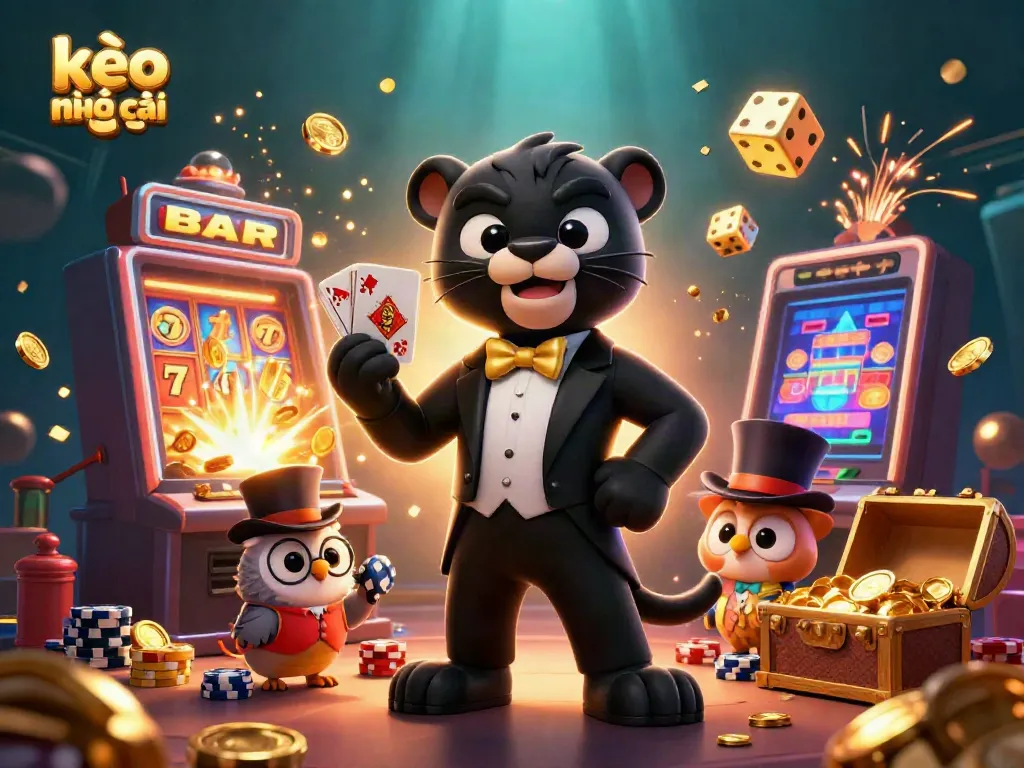 Experience action-packed kèo nhà cái scene with cartoon panther dealer and winning elements.