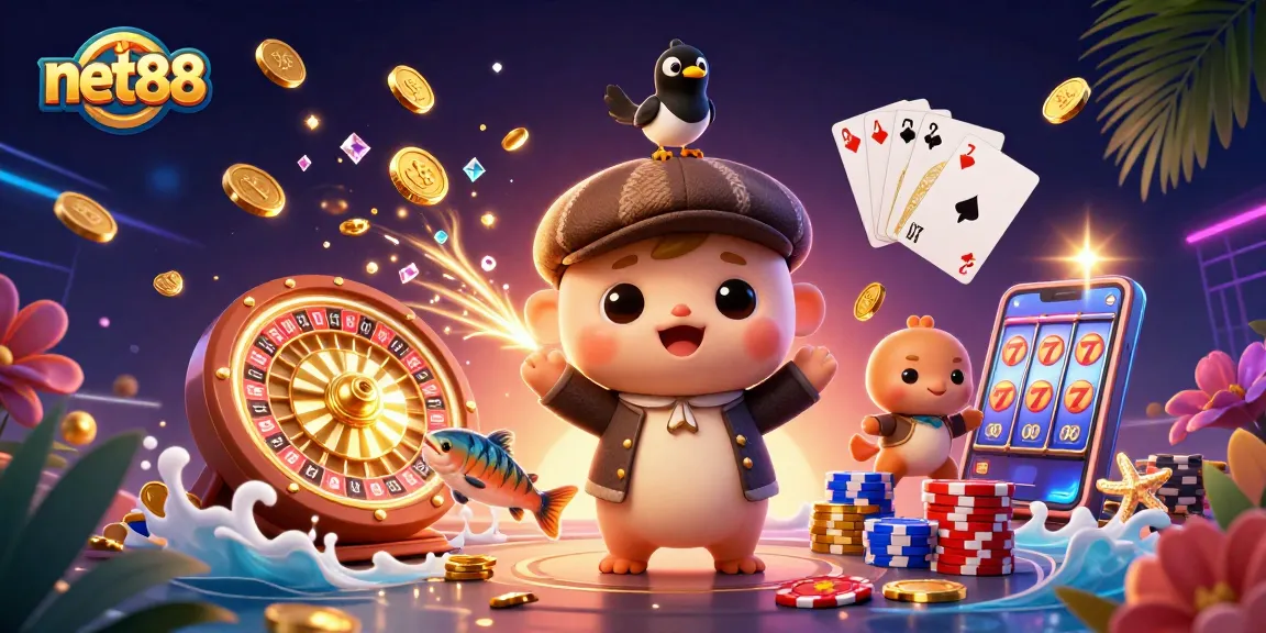 Engage with net88 through a vibrant 3D casino scene featuring lively characters and dynamic gaming elements.