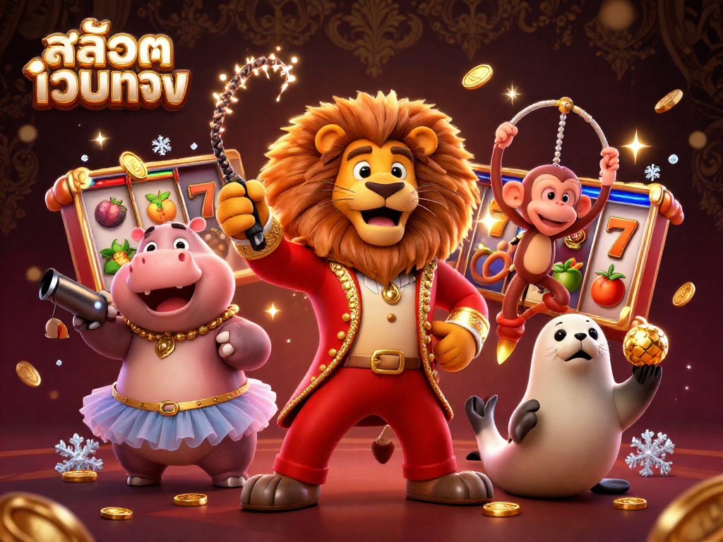 Experience excitement with สล็อตเว็บตรง in a vibrant 3D casino scene featuring playful cartoon characters.