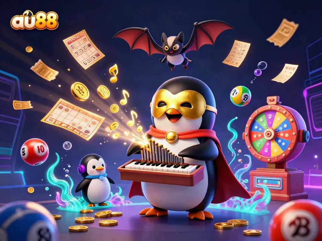 Experience the excitement of au88 with a vibrant 3D casino scene featuring a penguin, bat acrobat, and lottery elements.
