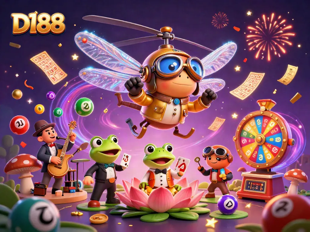 D188 showcases a vibrant casino scene with colorful lottery elements, capturing winning excitement.