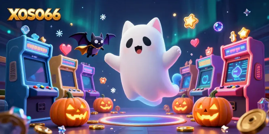 XOSO66 showcase a ghost cat and bat in a haunted casino with vibrant gaming elements.