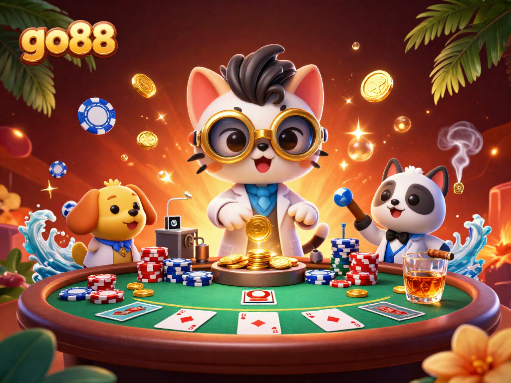 Experience go88's thrilling poker action with a whimsical scene featuring a scientist cat and dog amidst colorful chips.