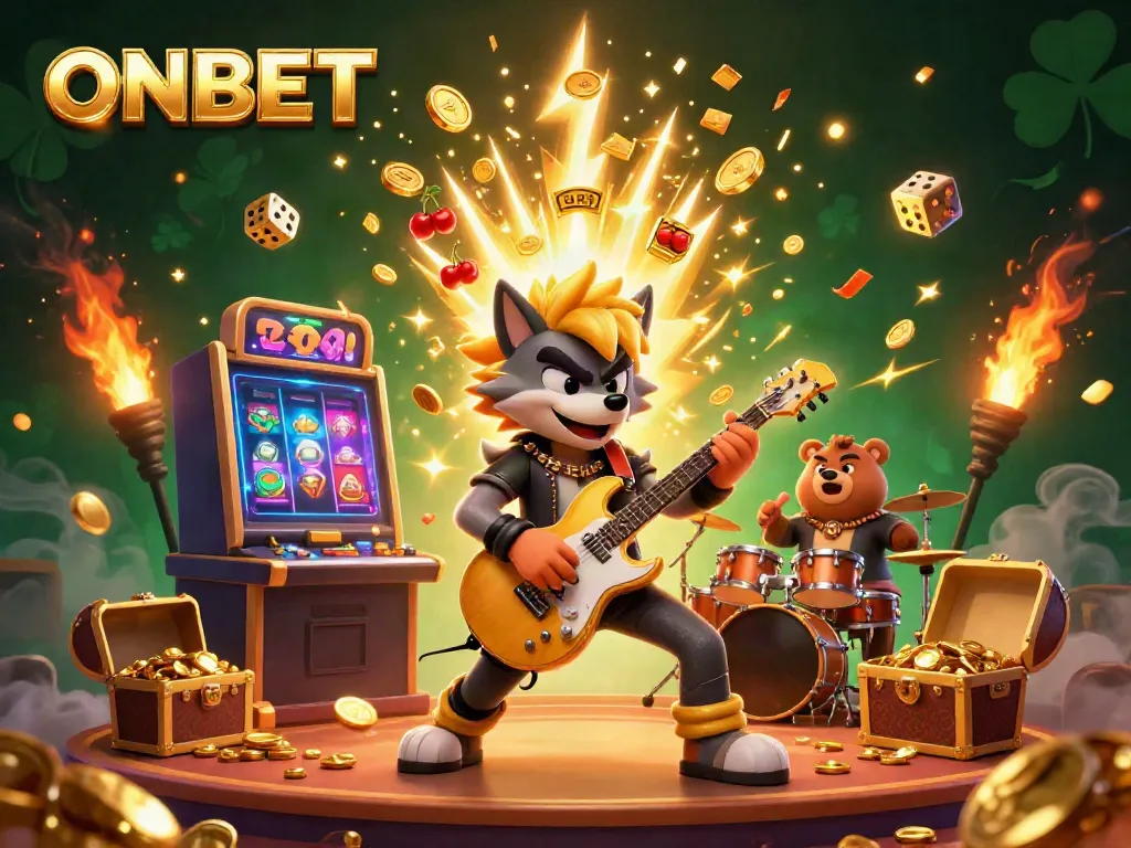 Engage with ONBET on a vibrant casino stage where a rock star wolf and drummer bear celebrate wins with exploding slots and golden treasures.