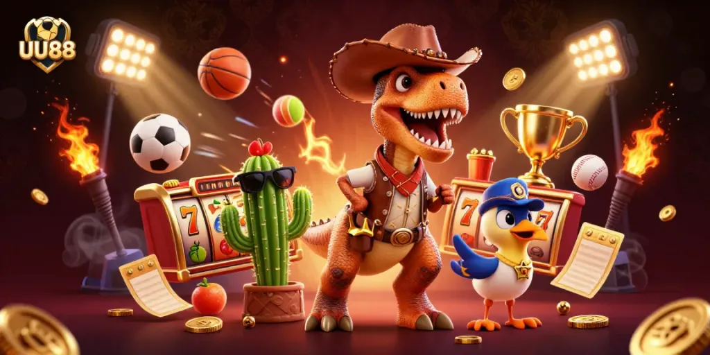 Win big with UU88, featuring a vibrant scene of a cowboy dinosaur and casino elements.