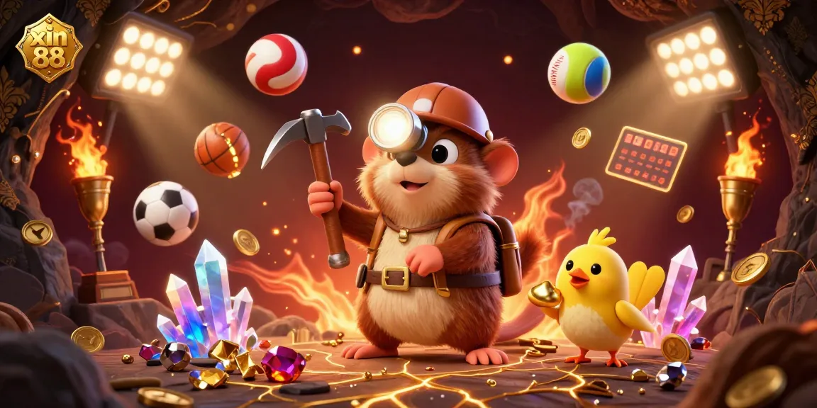 Experience thrilling action at xin 88 with a treasure hunter mole discovering gems amid dynamic sports gaming elements.
