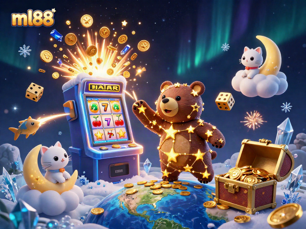 Experience ml88’s thrilling jackpot moments with vibrant 3D casino art showcasing games and characters.