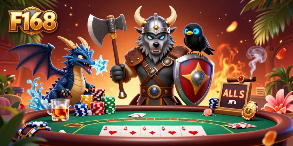 Experience thrilling F168 gaming with a Viking wolf warrior, dragon, and raven at a dynamic poker table.