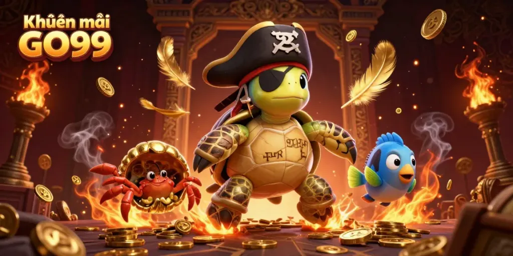 Experience Khuyến mãi GO99 with a vibrant 3D illustration showcasing pirate characters and treasure