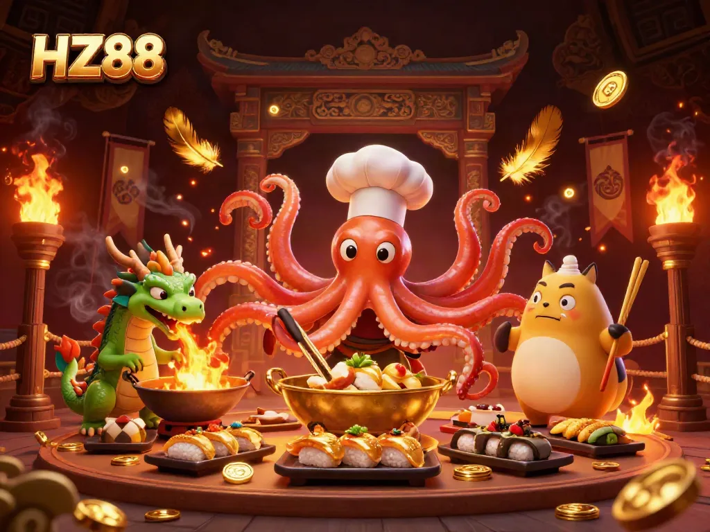 Engage with HZ88 in a lively 3D illustration featuring dynamic casino characters and glowing game elements.
