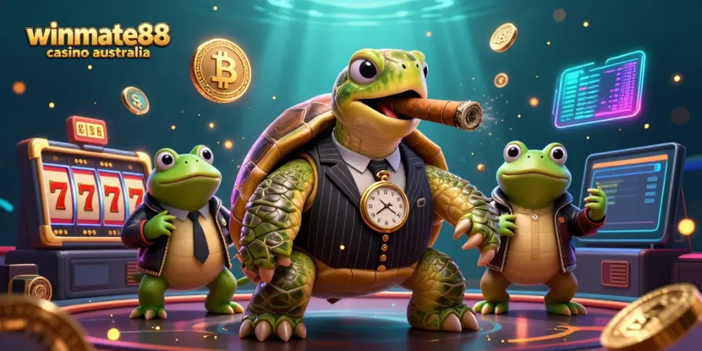 Experience winmate88 casino australia with vibrant game symbols and lively characters in a unique 3D casino scene.