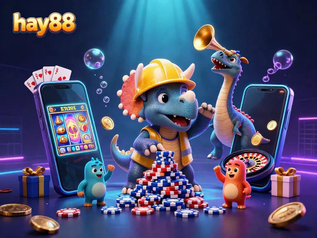 Experience the fun at hay88 with a vibrant and exciting online casino scene featuring animated characters and gaming elements.