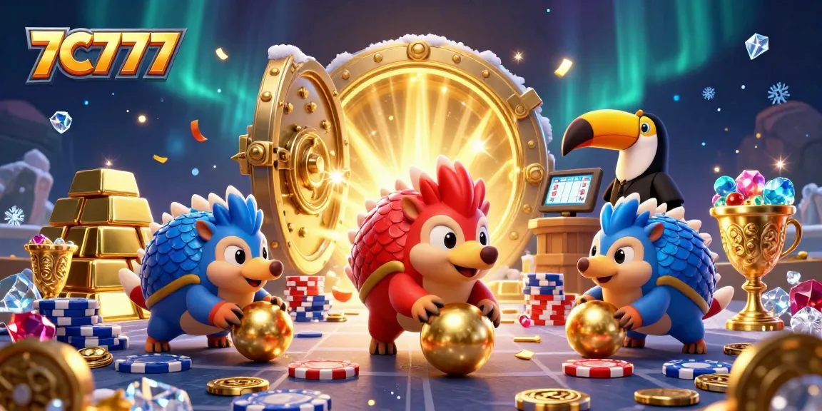 Pangolins at 7C777 roll through poker chips in a vibrant casino scene with gold treasures.