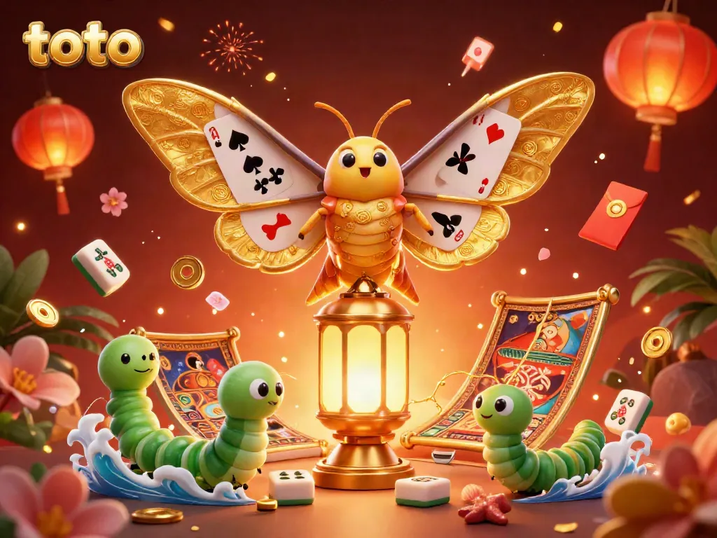 Engage in thrilling toto gaming with vibrant golden moths amidst casino-themed elements