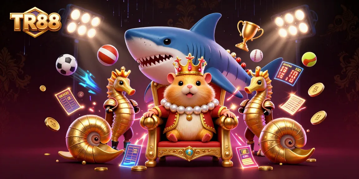 Engage with TR88's casino experience featuring a golden hamster king and vibrant gaming elements.