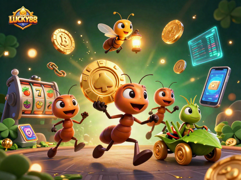 LUCKY88 team of 3D cartoon ants executing a heist with vibrant gaming elements around them