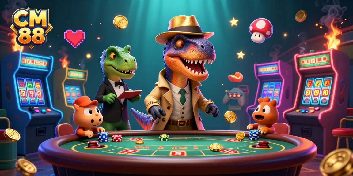 Engage with CM 88's vibrant casino scene featuring a clever velociraptor at blackjack.